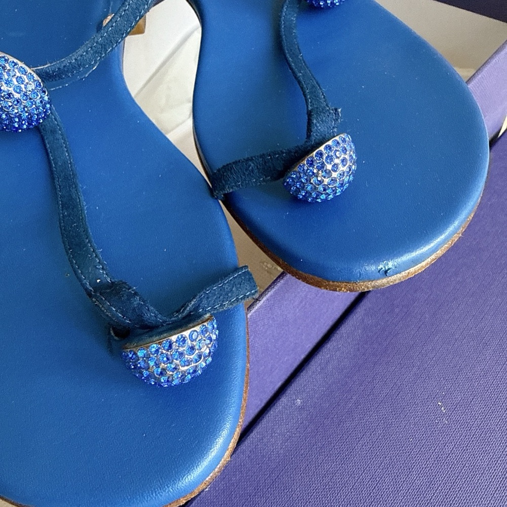 Stuart Weitzman Royal Blue Leather T-Strap Sandals - Picture 3 of 6
